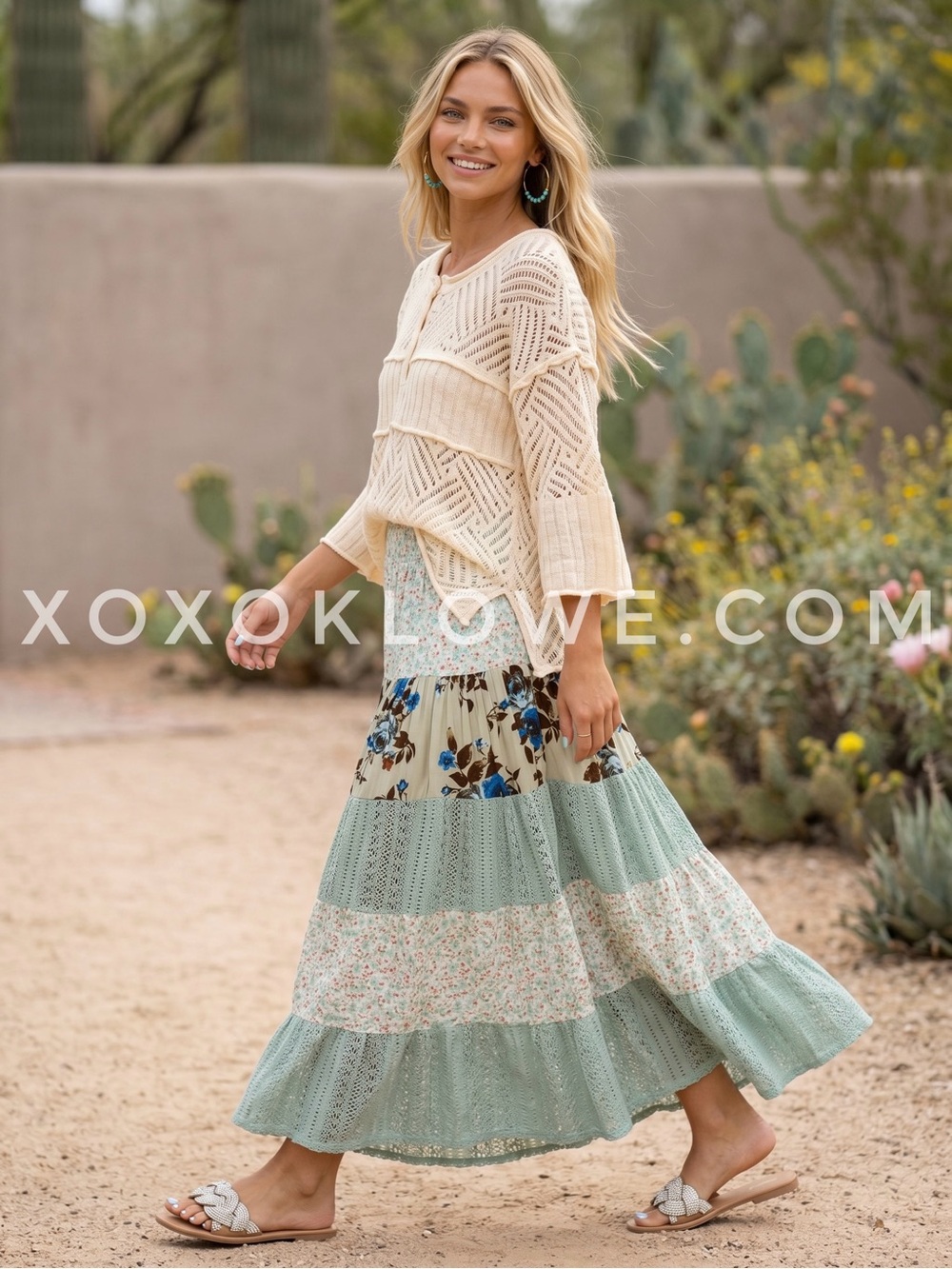 POL Sage Green Floral Patchwork Maxi Skirt | Mint Boho Tiered Lace Flowy - Picture 4 of 10